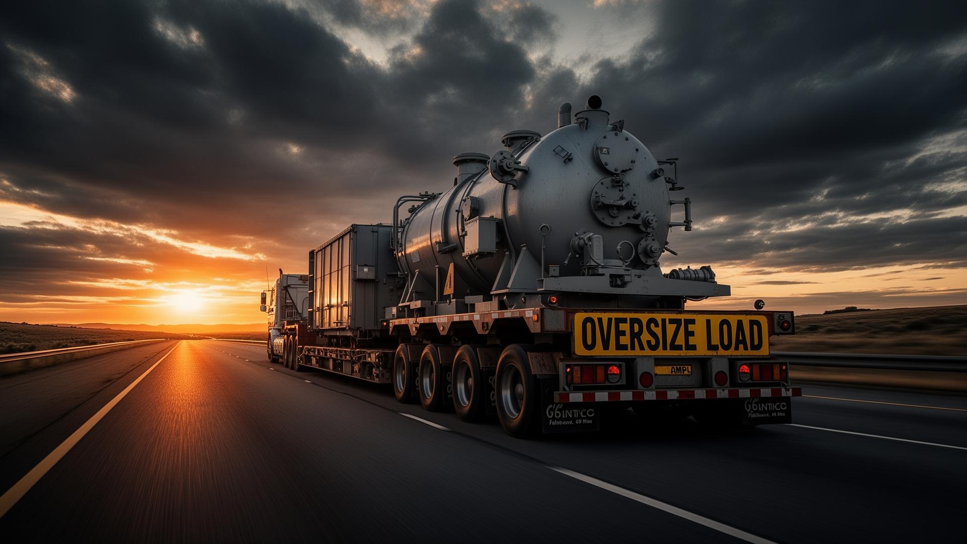 Heavy haul truck carrying an oversized industrial load at sunset